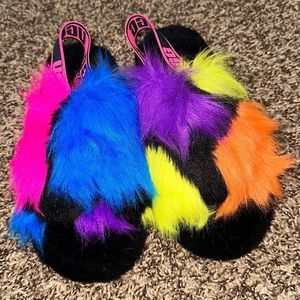 Ugg Fluff Yeah Furry Neon Party Spots Slides NWOT black purple yellow pink blue